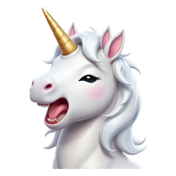 Cinematic Cute Yawning White Unicorn Portrait Emoji, Head tilted slightly with a dramatic, wide-open yawn, showcasing a softly elegant form with a gently cascading mane, a subtly glowing horn and sleepy, half-closed eyes, Simplified yet irresistibly adorable features, highly detailed, glowing with a soft, cozy magical glow, high shine, relaxed yet expressive, stylized with a dash of whimsical enchantment, soft glowing outline, capturing the essence of a drowsy yet affectionate white unicorn that appears ready to stretch and yawn its way out of the screen! sticker