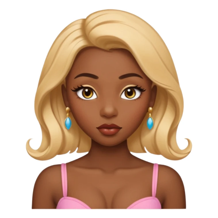 darkskin female with eyebrows that are naturally shaped and frame eyes well, eyes that are almond-shaped with defined lashes. nd lips are full with a defined cupid’s bow, add also a septum piercing that adds an edgy, stylish flair. a middle-part, honey blonde bust-down with laid baby hairs sticker