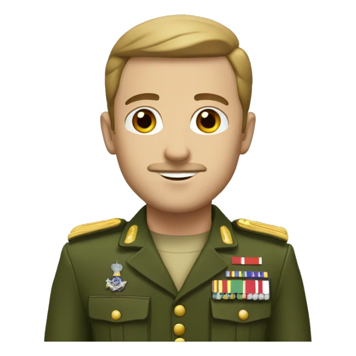 White man with brown side part and a small moustache with a green military uniform sticker