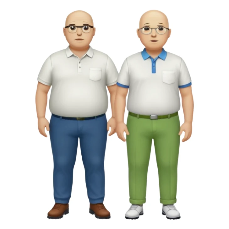 two guys, the first guy is white bald have glases a white dressshirt with rolled up sleeves and green pants he is over weight, The second guy has a yellow skin white golf shirt blue jeans and bald they should stand next to eachother they are both really fat  sticker