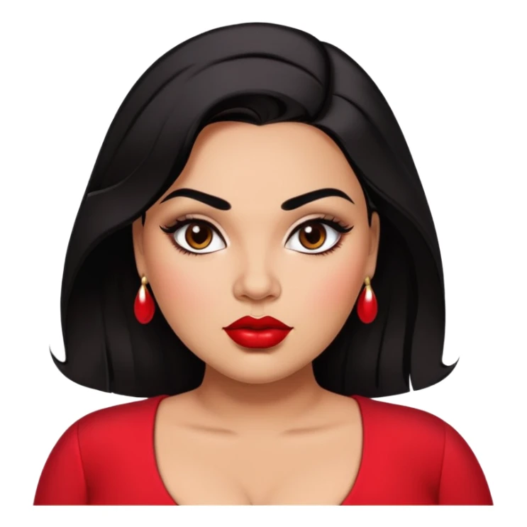 Glamorous full-figured young woman with defined features, brown skin, expressive dark eyes, thick eyebrows, full lips with red lipstick, sleek black hair, slightly plump, wearing a red blouse sticker
