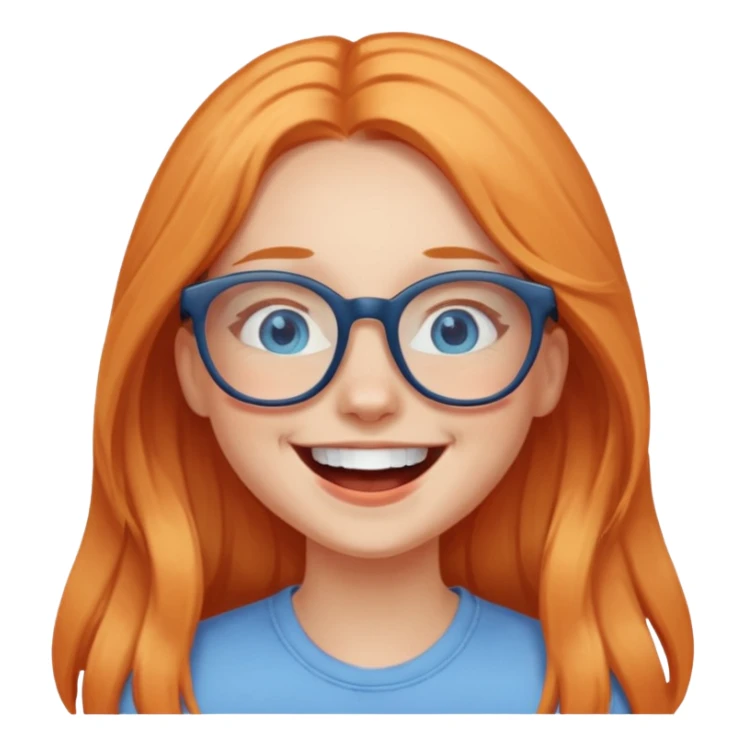 a girl with blue eyes, glasses and light orange long hair laughing sticker
