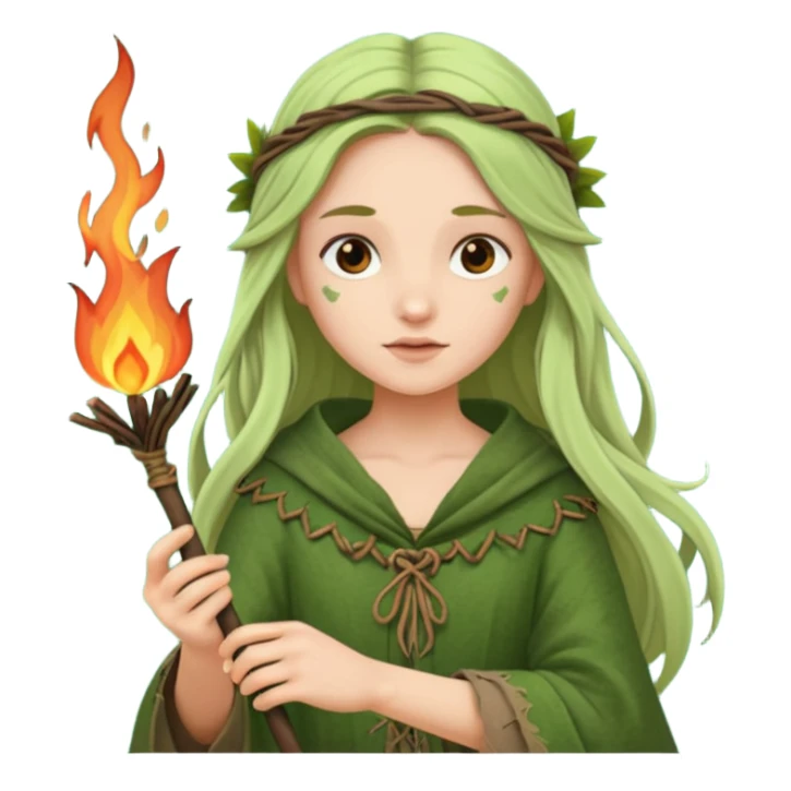 ancient european girl, tattered leaf green cloth, hold fire stick sticker