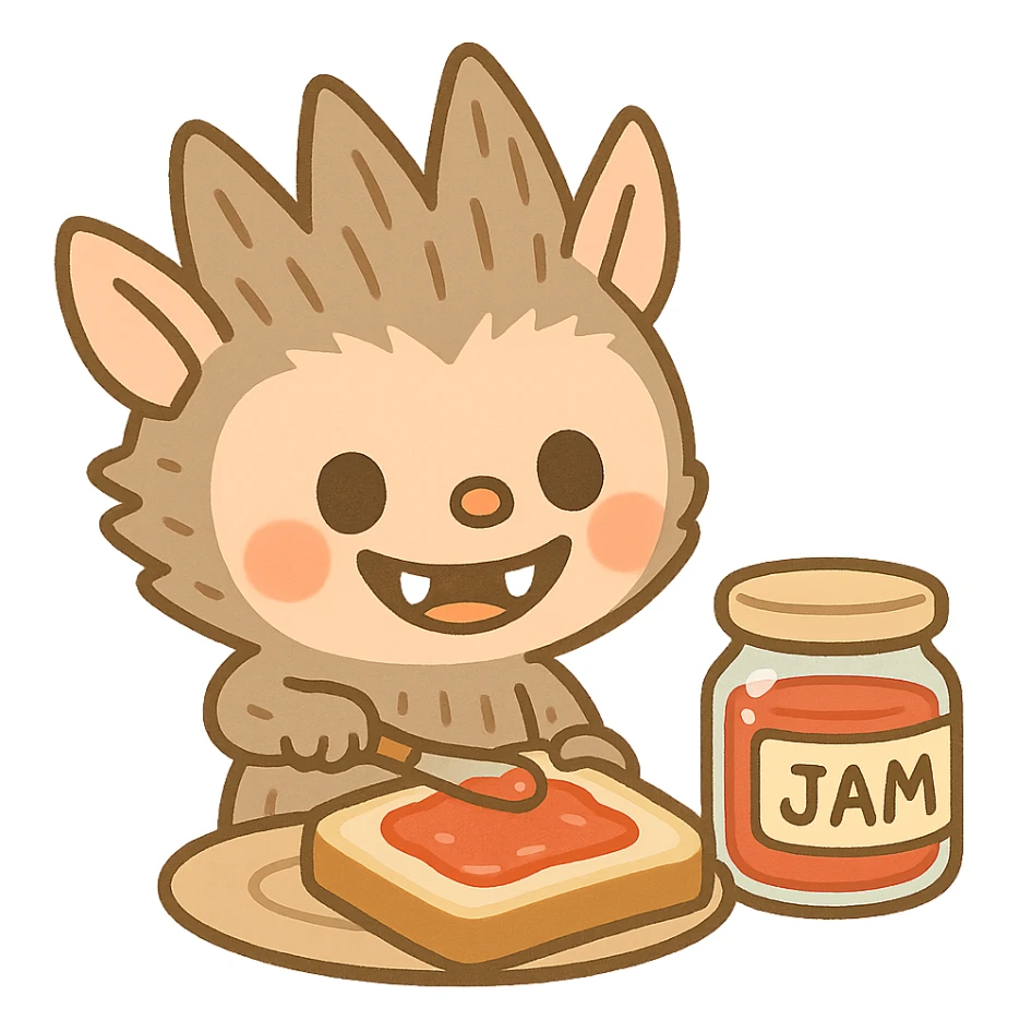 Labubu character spreading jam on bread, smiling, cute cartoon style sticker