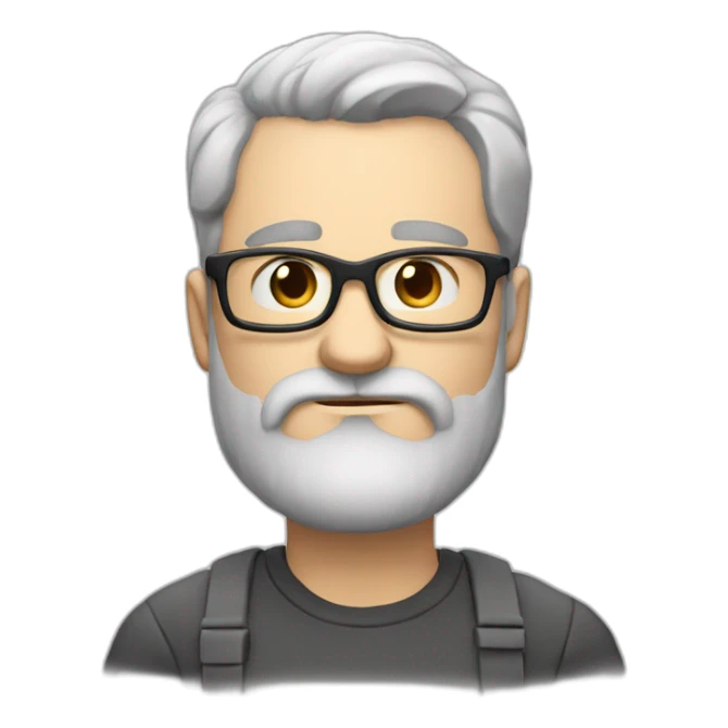 frowning white man with medium lenght dark hair and beard and glasses and sticker
