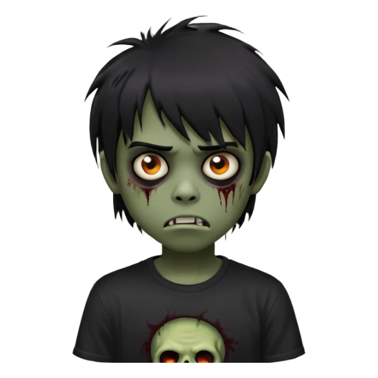 Boy, zombie, black hair, medium long, emo, shaggy, dark, spooky, creepy expression, fringe approximately to the eyebrows height, with Black t-shirt  sticker