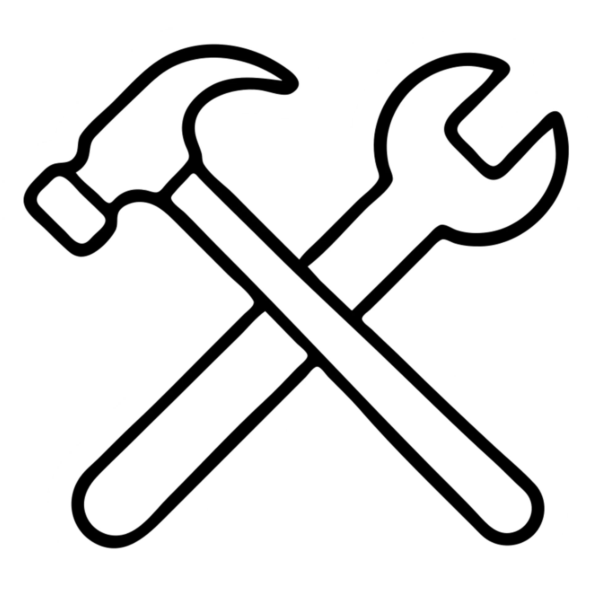 minimalist icon of a hammer and wrench crossed, representing a workshop, simple and clear sticker