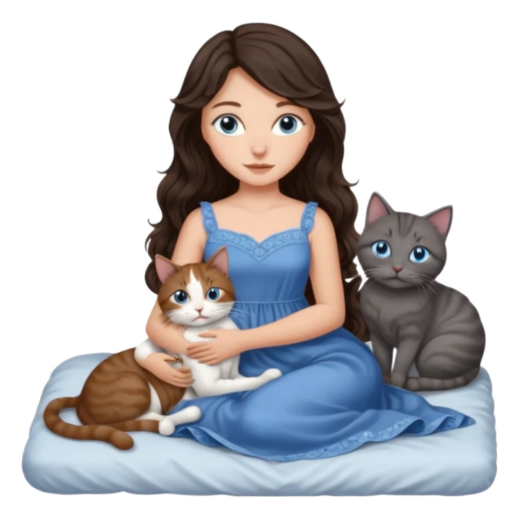 detailed realistic looking a dark grey and white cat regally laying with six other cats, cuddling with their owner in bed who is a pretty bratz lightly tanned white girl with long dark brown hair, blue eyes and gorgeous long wavy hair wearing a pretty detailed dress sticker