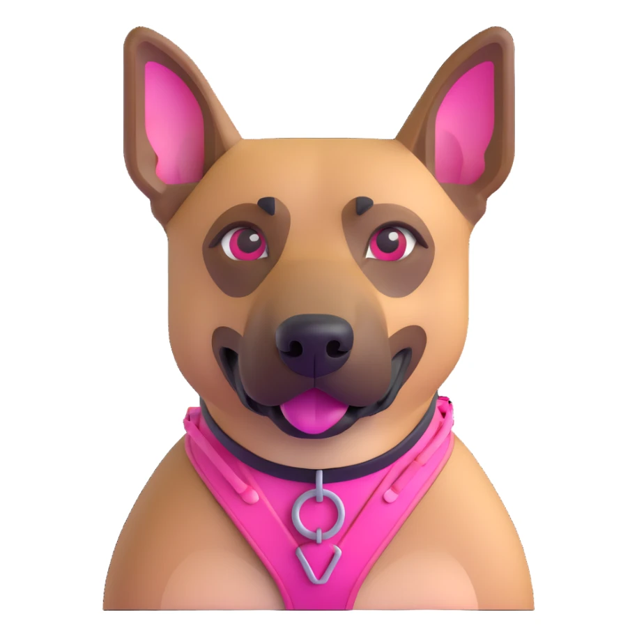 Add a pink harness, pink muzzle, and pink collar to the Belgian Malinois dog, keeping the 3D emoji iOS 18 style sticker