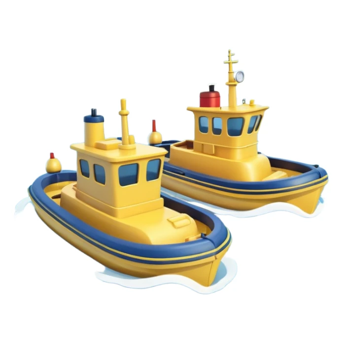 A 3D cartoon tugboat towing another boat on calm blue water, soft waves, clear sky, Memoji-style. sticker