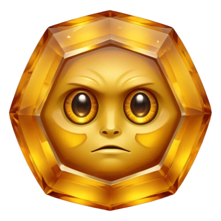 Single gemstone rock character, warm golden citrine, squat and heavy like a rock, with carved facets with eyes sticker