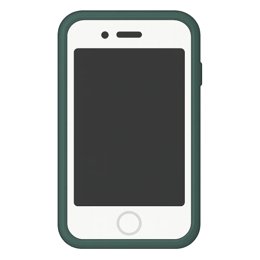 Create an image of a pure white iPhone with a dark green case, screen facing forward, in a minimalist design inspired by emoji style. The design should be clean and simple, focusing on the iPhone and case without any emojis or extra decorations. sticker