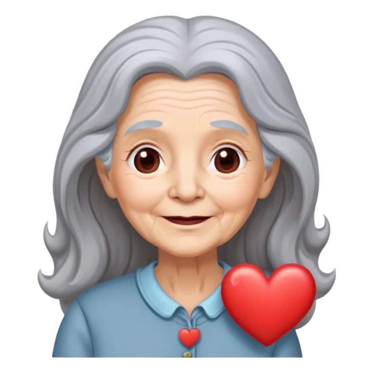 Happy old lady with long hair, heart thought bubble sticker