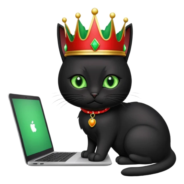 black cat with green eyes and a red crown coding on a laptop which says “cmv” on the back of it sticker