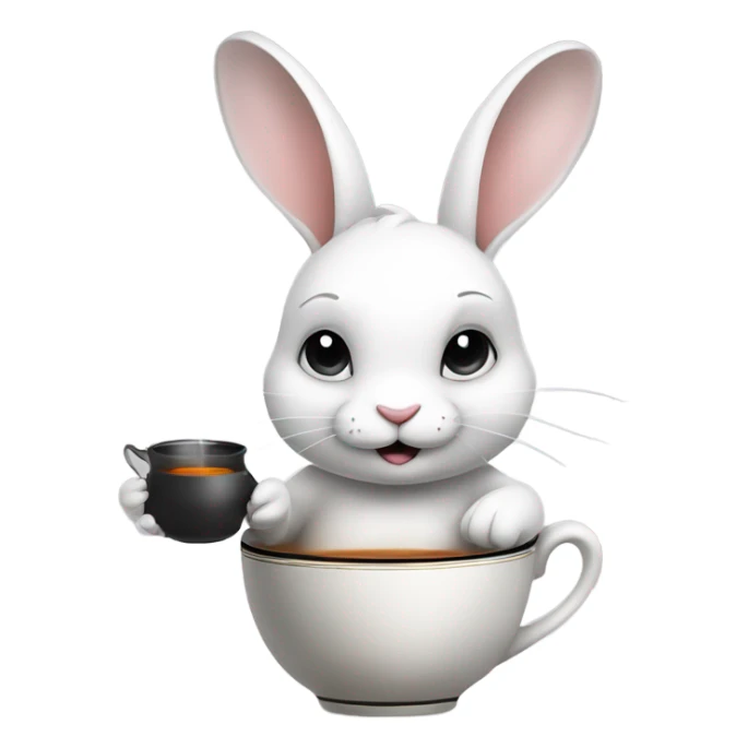 a cute white rabbit sitting and holding a ceramic cup with black tea in its paws, from which steam comes out sticker