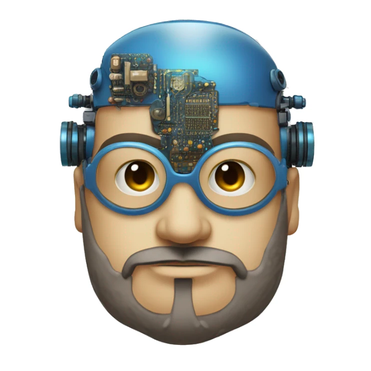 Bearded Fat bald cyborg head with tan skin, blue steampunk goggles and circuits sticker