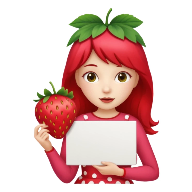 A girl strawberry holding a large blank sign sticker