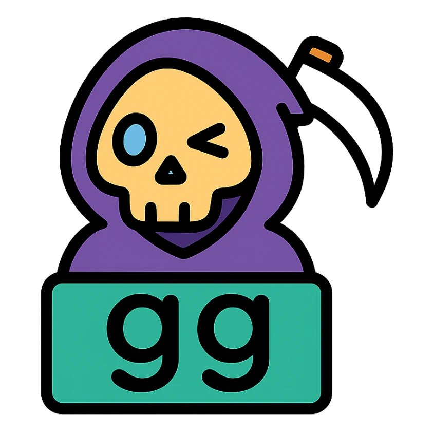 grim reaper head with 'gg' text, color outline icon style, playful expression sticker