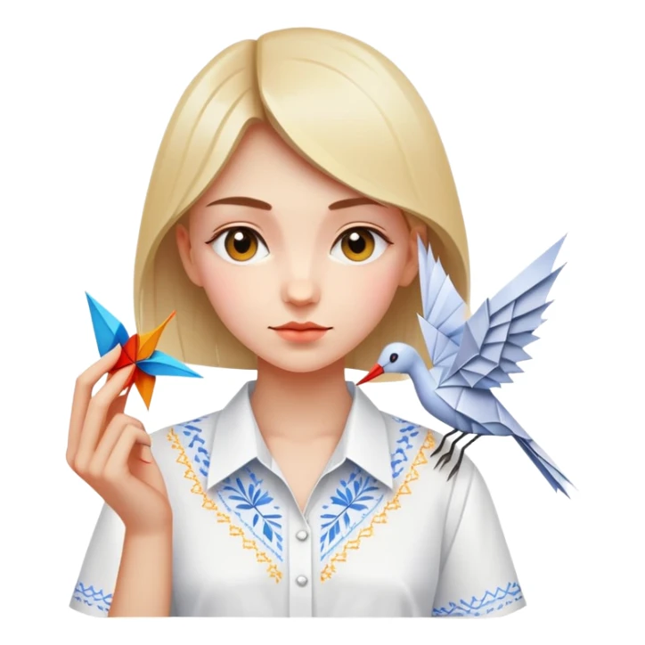 Ukrainian young girl in a white embroidered shirt holds an origami crane sticker