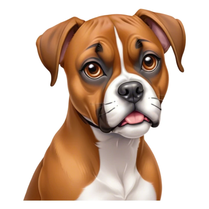 Cinematic Comical Fawn Boxer dog Portrait Emoji, Head tilted dramatically with an exaggeratedly shocked or offended expression, featuring a sleek fawn Fur with a distinctive white muzzle, wide, expressive brown eyes filled with exaggerated disbelief, Simplified yet hilariously expressive features, highly detailed, glowing with a slightly sassy glow, high shine, dramatic yet playful, stylized with an air of attitude, bright and endearing, soft glowing outline, capturing the essence of a sassy and over-the-top guardian, so meme-worthy it feels like it could side-eye its way into internet fame instantly! sticker