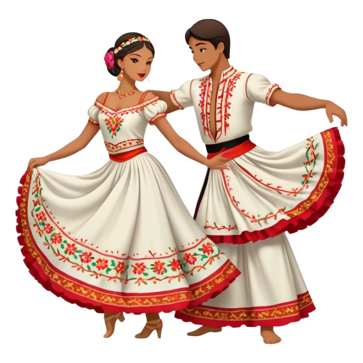 Cinematic Realistic scene of two dancers performing the Tarantella, dressed in vibrant, flowing traditional costumes with detailed embroidery and dynamic skirts, captured in festive motion with warm, lively lighting sticker