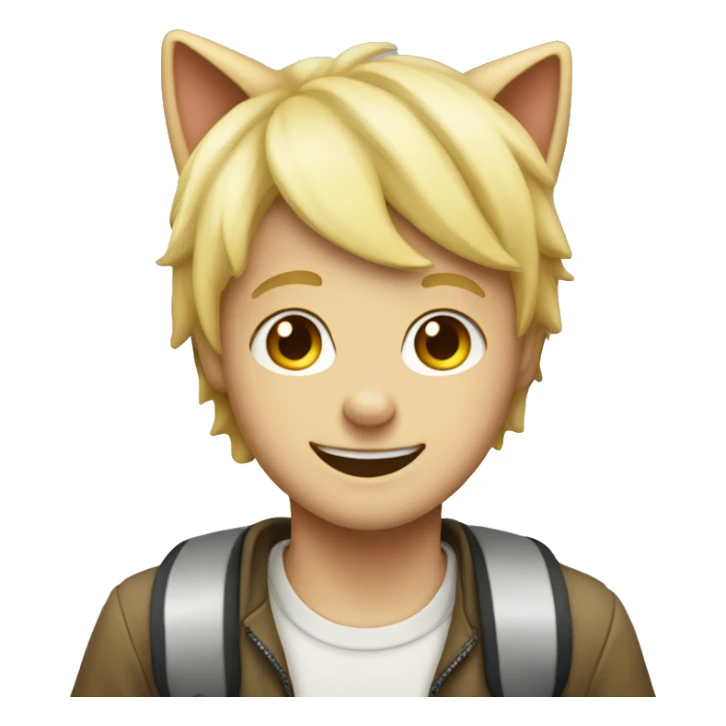 smiling blonde boy indoors wearing a cat hat sticker