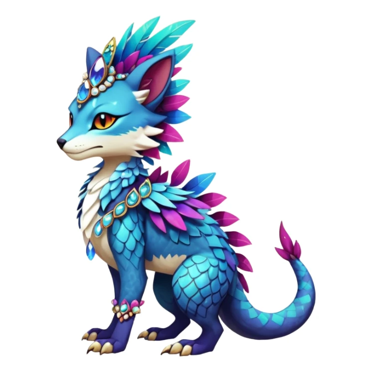 Kawaii cute dark deep colorful warm-colored exotic tropical beautiful pretty elegant divine edgy feline-vernid-sergal-Fakémon-Pokémon-fursona-animal-creature with accessories, jewelries, full body, with intricate detailed markings, feathers, crystals, fins, scales, headdress sticker