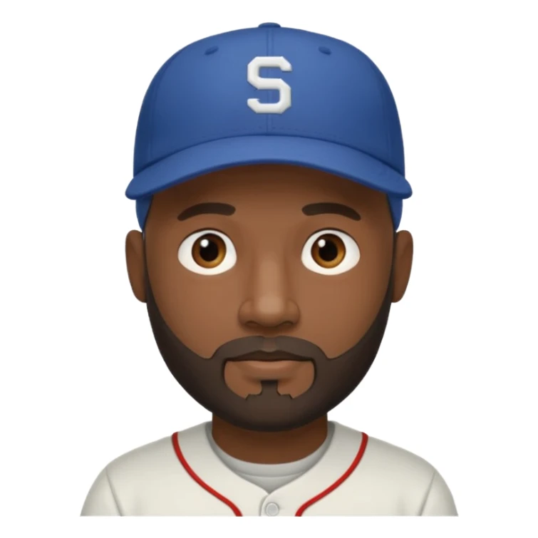 Man with bald head and beard and slightly dark skin wearing a baseball cap sticker