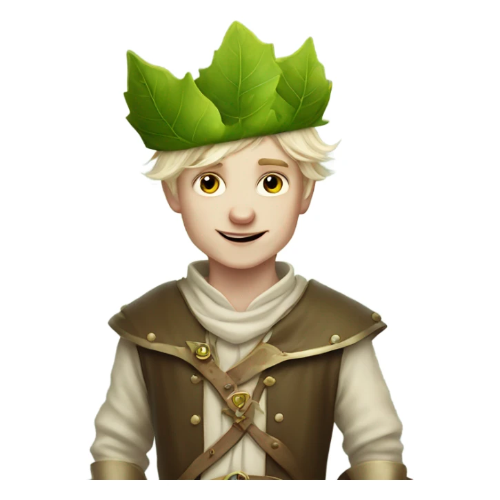 whimsical fairytale medieval pale boy who is tiny and wearing a leaf hat sticker