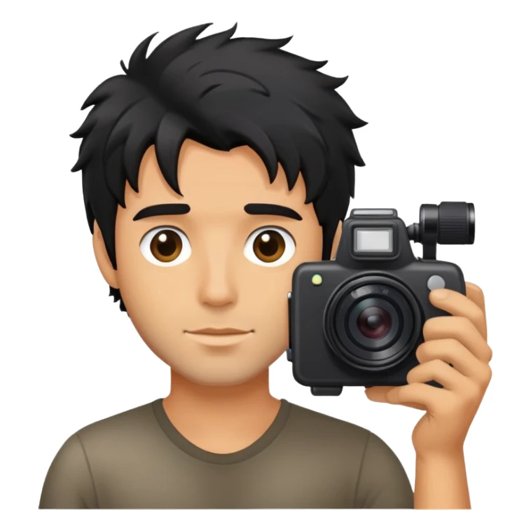 a man with black messy hair with one camera sticker