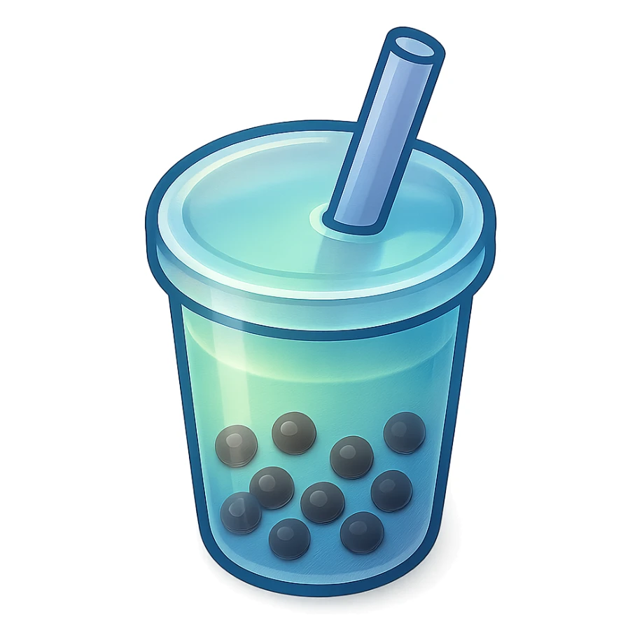 bubble tea cup with a straw, blue and green gradient, clear bold outline, strong shadows and highlights on straw, cup, and pearls, vector style, matte glass look sticker