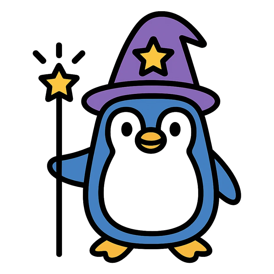 Create a color outline icon style image of a penguin wizard with eyes open, keeping the transparent background as in the original image. sticker