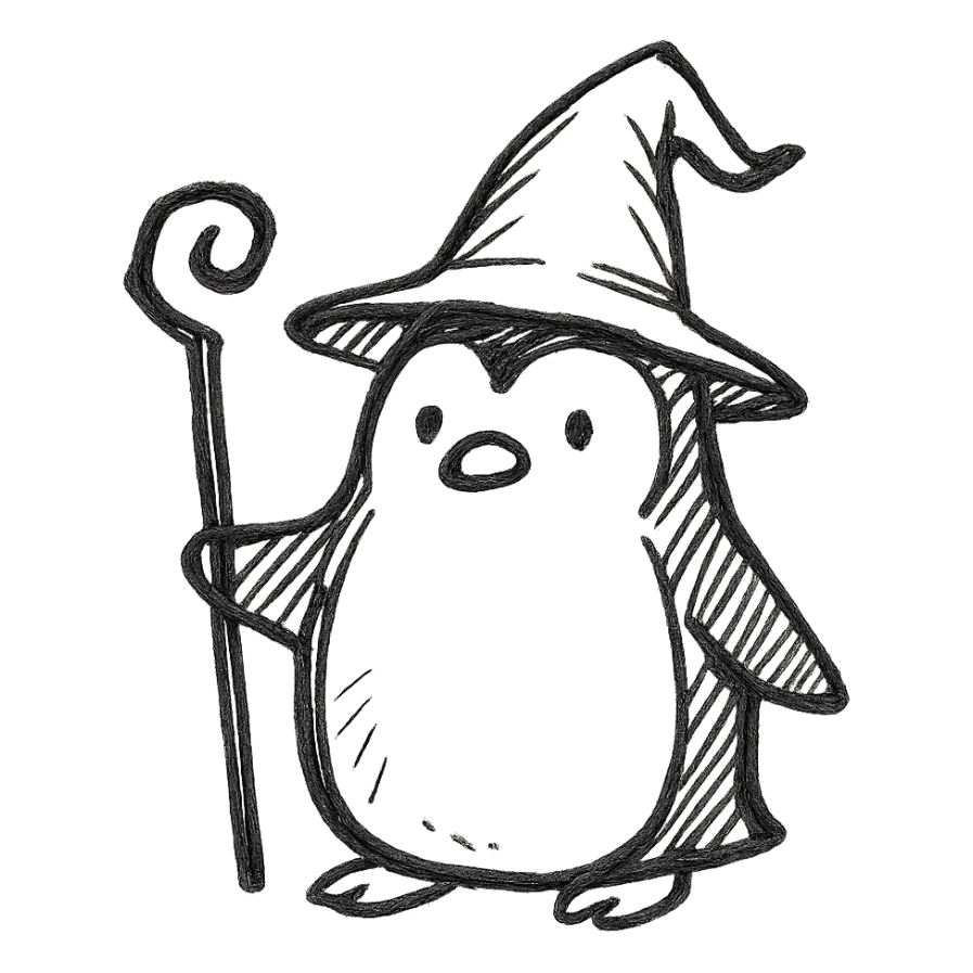hand-drawn black outline icon of a penguin wizard with a hat and staff sticker