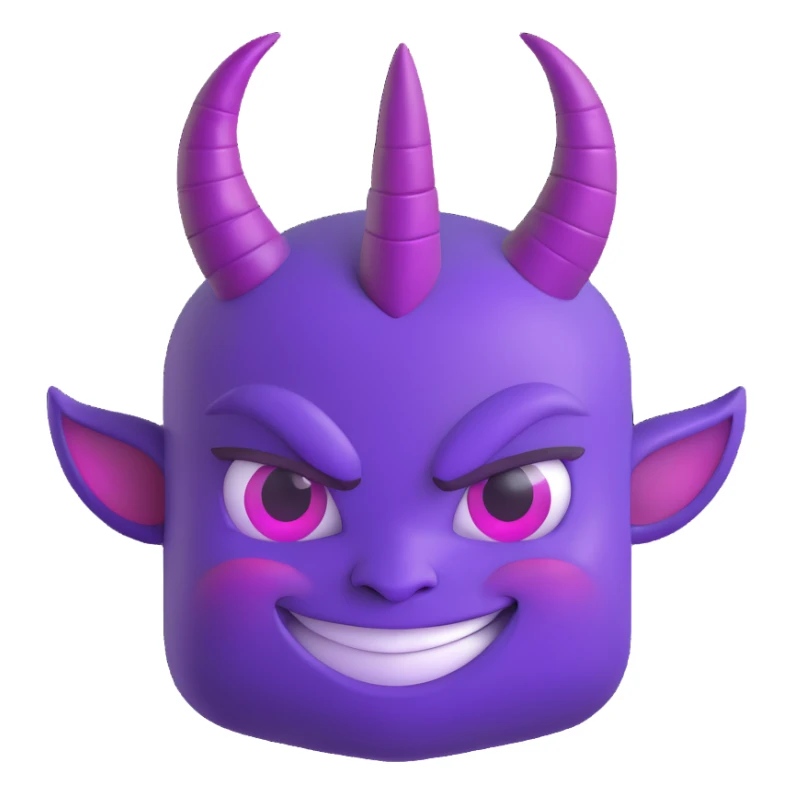 A mischievous purple devil emoji with a sly, confident smile and raised eyebrows, glowing purple horns, smooth gradient shading, minimalistic and glossy 3D cartoon style sticker