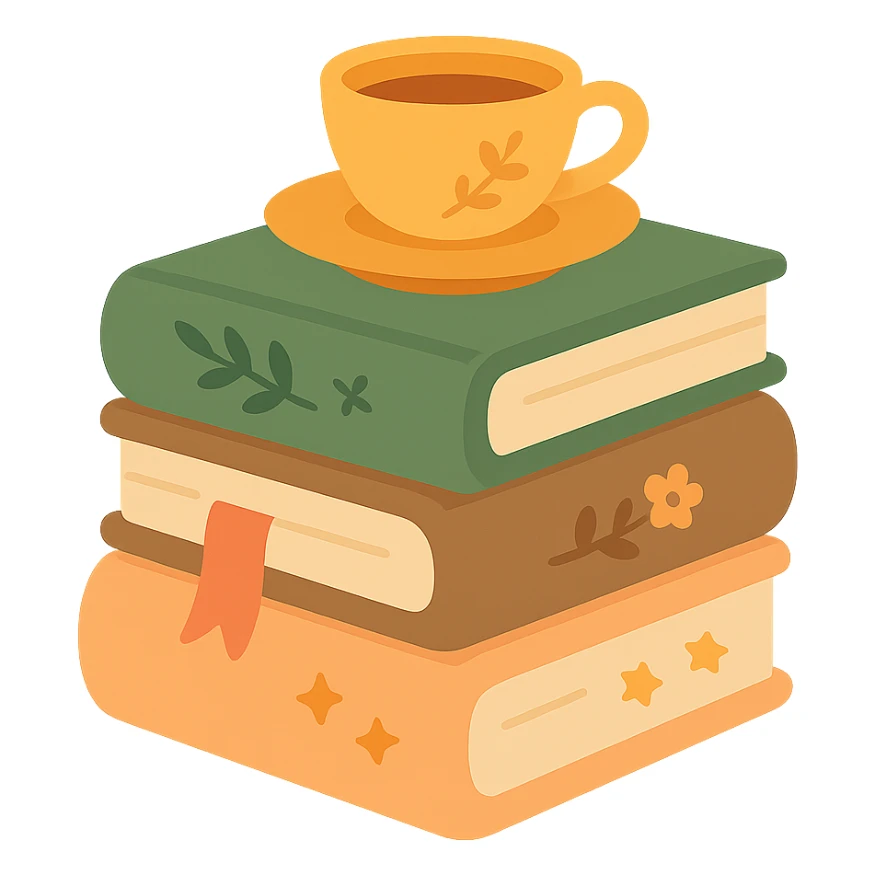 A cute stack of books with a cozy and magical vibe, each book bound in soft, harmonious colors: golden orange (FA9B41), forest green (4A7C5C), warm taupe brown (96775A), and pastel peach (FFCC9A). The books are slightly worn with rounded corners and decorative covers featuring tiny stars, floral motifs, or whimsical patterns. A ribbon bookmark peeks out from one, and a small cup of tea or magical trinket rests on top of the stack. The lighting is warm and gentle, with a dreamy, storybook feel. The overall scene feels inviting, charming, and gently enchanted sticker