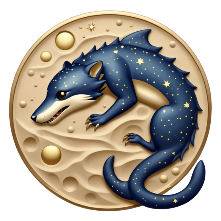 A nocturnal predator with a body resembling polished bronze plates that absorb moonlight, featuring constellation patterns that rearrange themselves to hypnotize prey before it strikes from beneath the sand. sticker