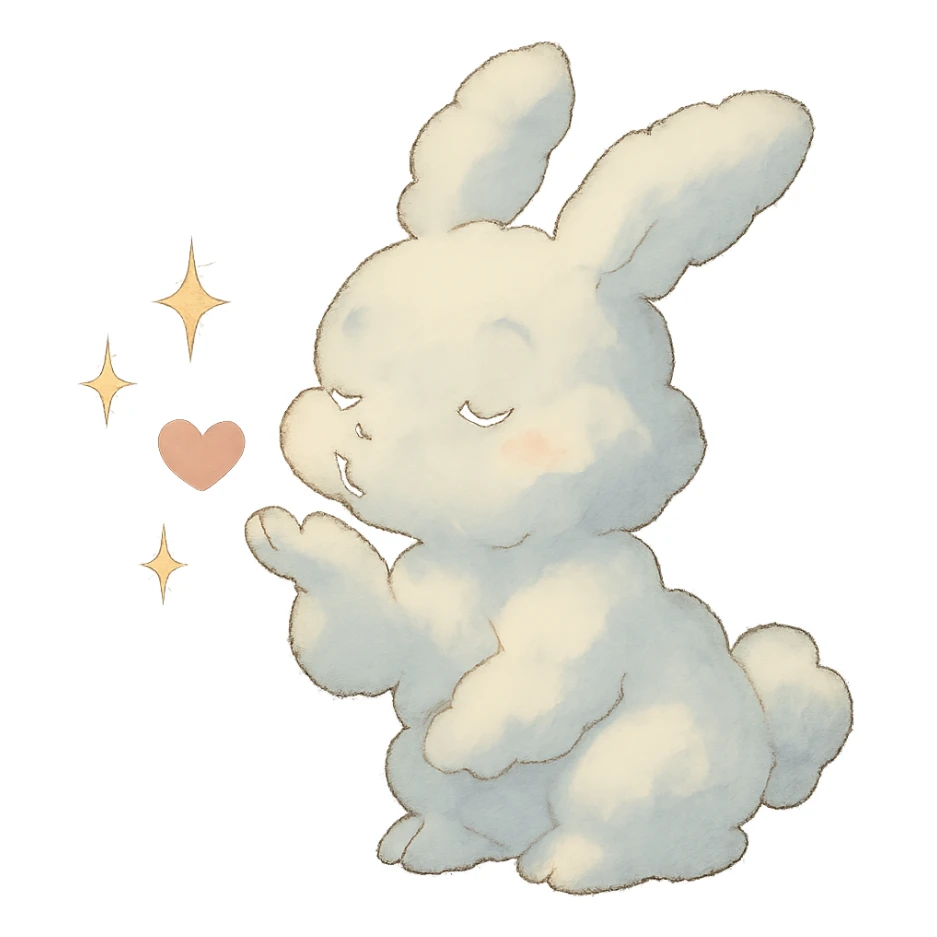 cloud bunny blowing a kiss with sparkles, soft ghibli style sticker