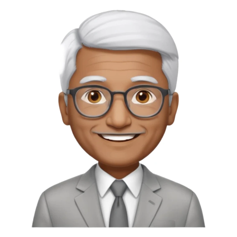 60 yr old indian man, short straight white hair brushed foreward , light grey business suit, big smile, dark brown skin, no moustache, dark brown eyes, glasses
 sticker