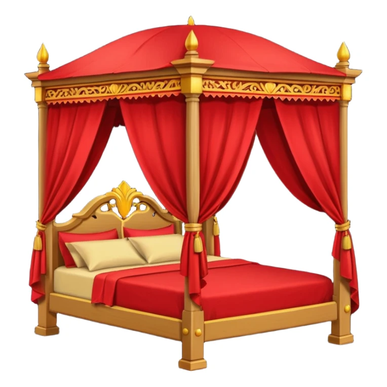bed with red and gold sheets, wooden, canopy, simple, dark sticker