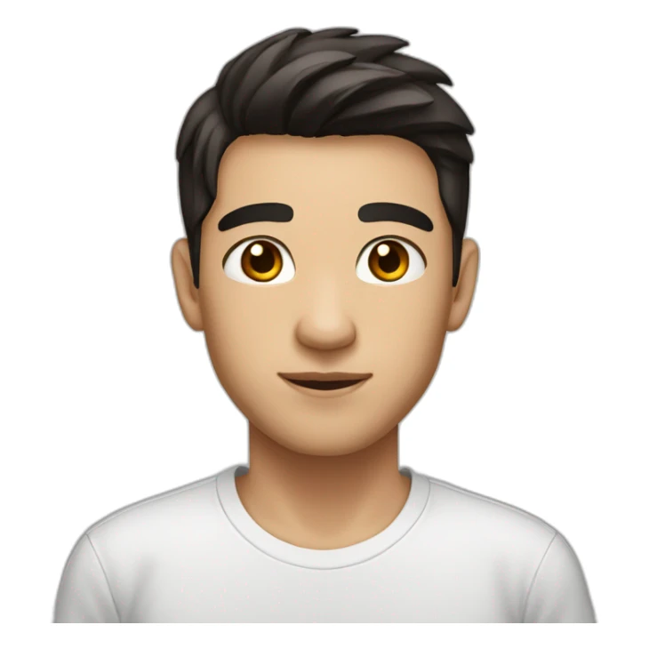 a young man, white skin, shorter black-brown hair and dark brown eyes wearing a white t-shirt sticker