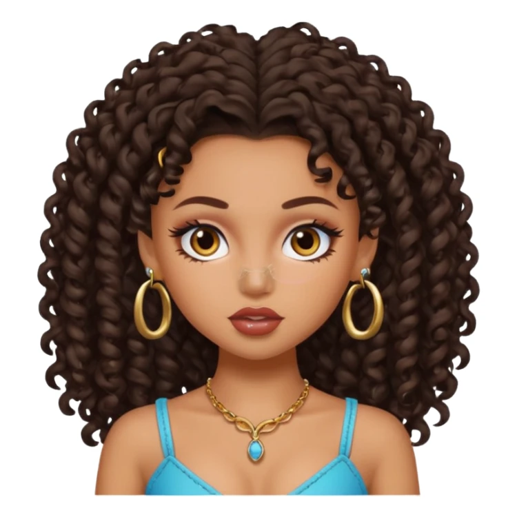 pretty bratz baddie, dark brown curly head, tan skin, nosering sticker