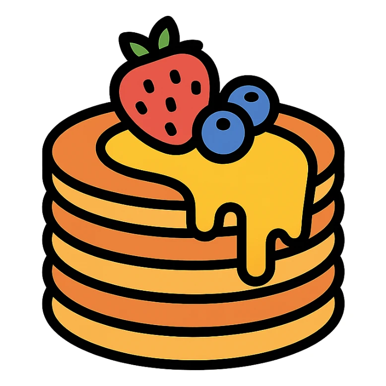 stack of pancakes with honey and fruit sticker