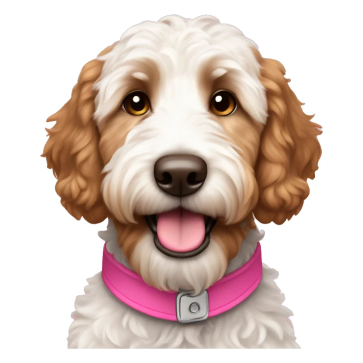 Brown and White golden doodle with a pink collar sticker