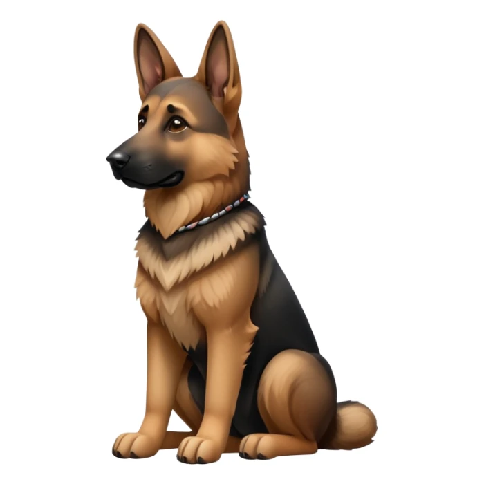 cinematic-[german shepherd]-realistic-full-body-sitting-emoji,-tail-resting-loosely-beside-its-paws,-head-tilted-dramatically,-sleek-[brown and black]-fur,-simplified-yet-realistic-focused-features,-highly-detailed,-glowing-with-an-almost-sarcastic-glow sticker