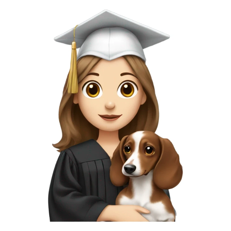 Brown haired white girl in graduation cap holding black long haired dachshund  sticker