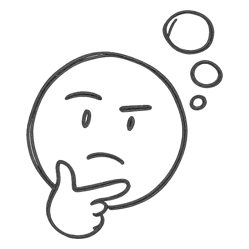 Minimalist thinking emoji, minimalistic, abstract head with thought bubbles, black and white sticker