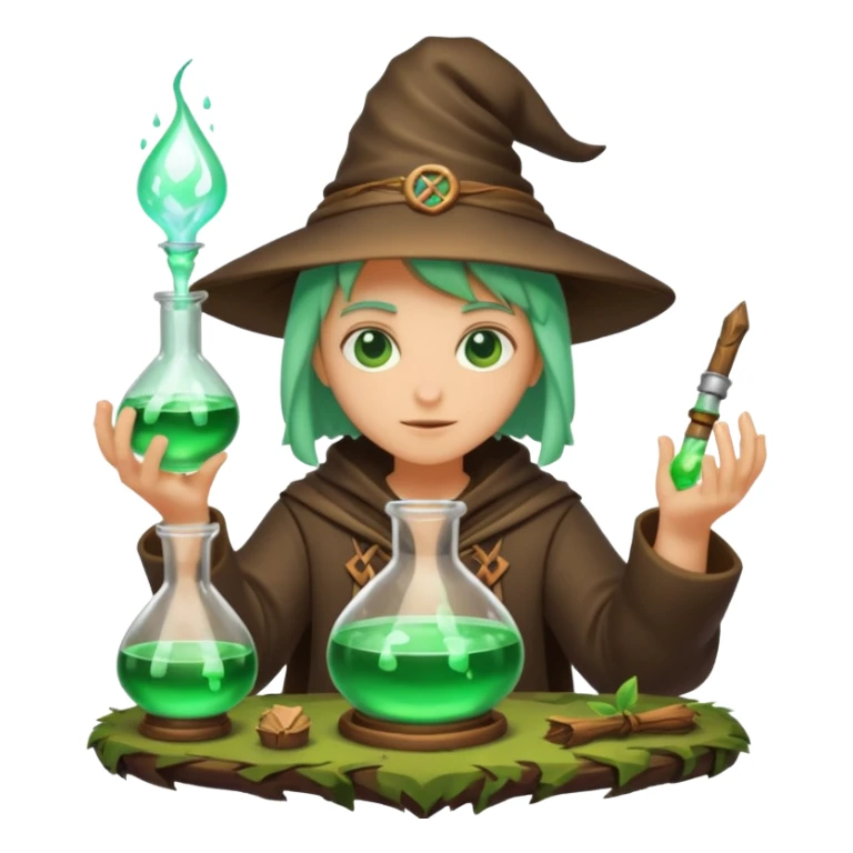 forest alchemist mixing two wrong potions → perfect glow sticker