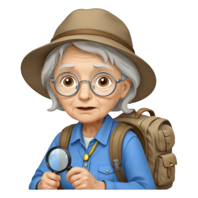 Explorer old woman with backpack and magnifying glass sticker