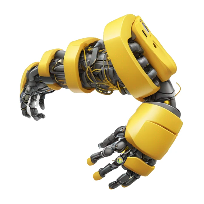 yellow robotic bicep with shocks and circuits that’s attached to the forearm sticker
