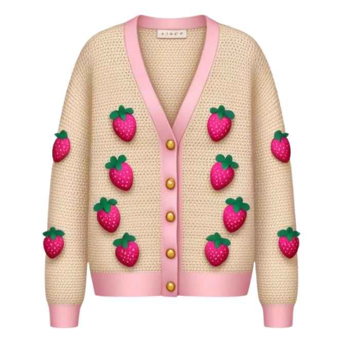 beige crocheted cardigan embroidered with small pink strawberries sticker